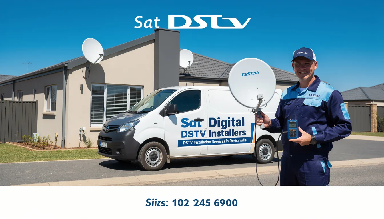 The image depicts a professional DSTV installer in Durbanville setting up a satellite dish for a residential customer. The technician is working diligently to ensure optimal signal reception while providing affordable and efficient DSTV installation services.