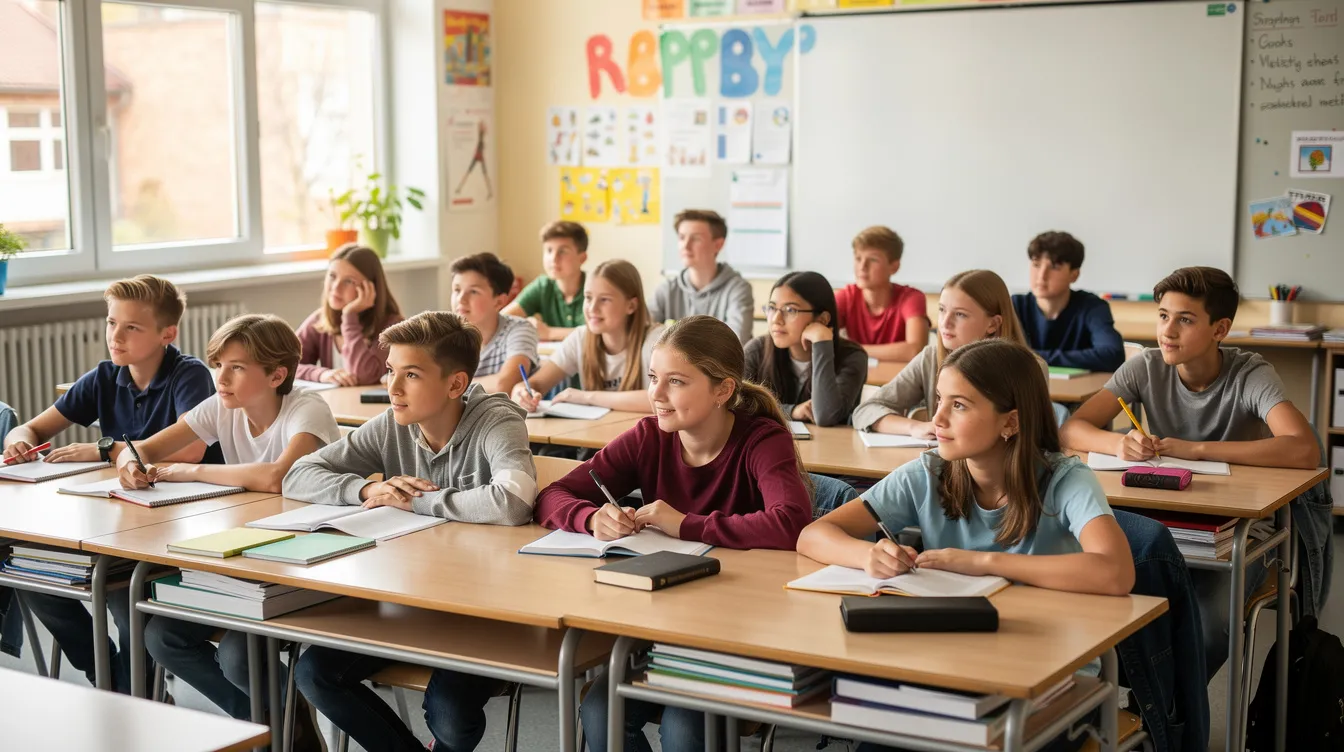 Grupa uczni&oacute;w w wieku 14-15 lat siedzi w szkolnej ławce podczas lekcji, uczestnicząc w zajęciach z języka polskiego i wychowania fizycznego. W tle widać tablicę oraz przybory szkolne, co tworzy atmosferę typowej klasy w &oacute;smej klasie szkoły podstawowej.