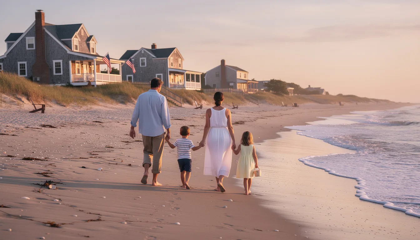 A family strolls along a serene New England beach, with charming coastal cottages dotting the landscape in the distance. This picturesque scene captures the essence of coastal living along the Connecticut shoreline, where strong demand for single-family homes has influenced housing values in towns like New Haven and Fairfield County.