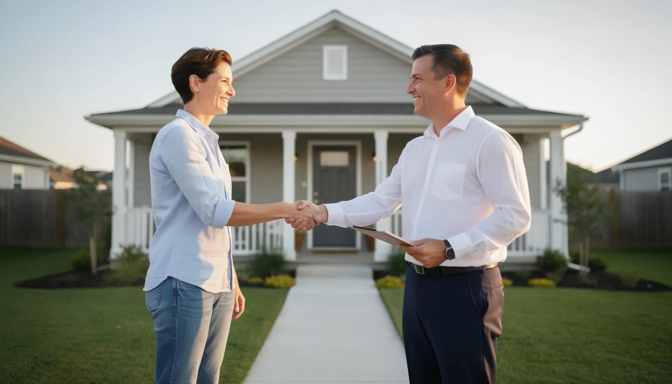Two people shaking hands in front of a house, symbolizing a successful deal between real estate investors and motivated sellers.