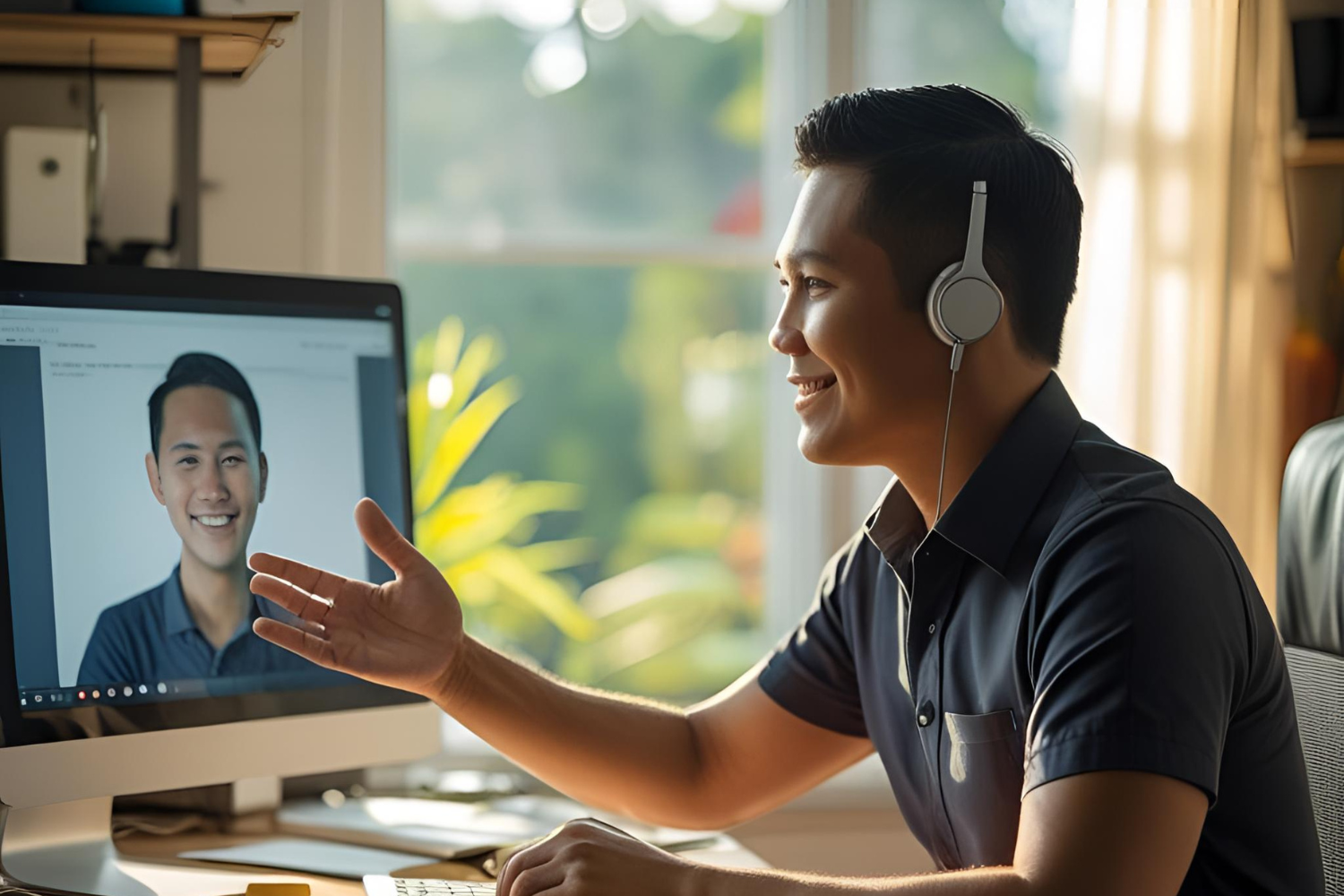 Two remote employees talking via video call, the other is a team leader.