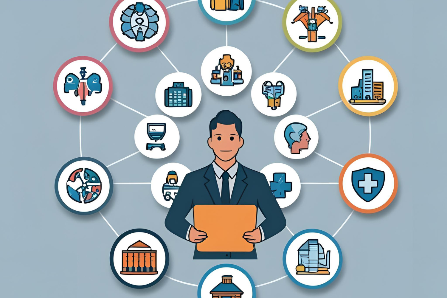 A broker surrounded by icons representing different niches.