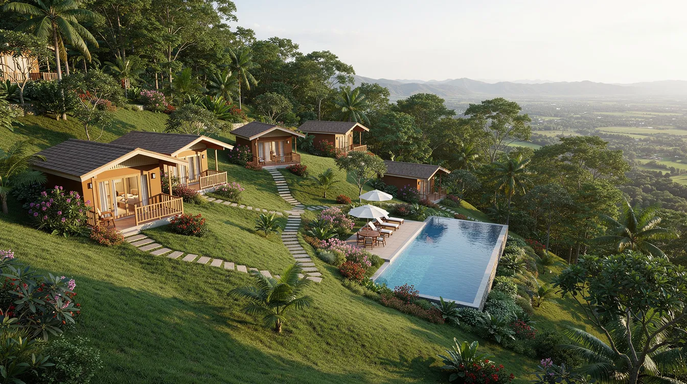 The image depicts a hillside resort property featuring cozy cottages nestled among lush greenery, with a sparkling swimming pool visible in the foreground. This picturesque setting highlights the potential for hospitality and resort development, making it an ideal location for a detailed project report on a proposed resort business.
