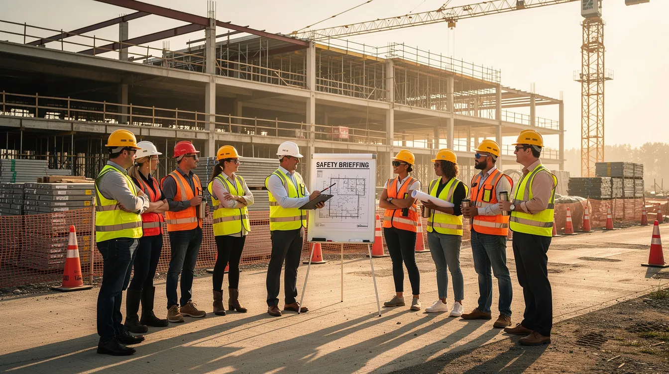 A construction crew gathers at a commercial project site for a morning safety briefing, emphasizing effective communication and collaboration among team members to ensure compliance with safety standards and align on project goals. The scene highlights the commitment of construction managers and workers to maintaining a safe and productive work environment.