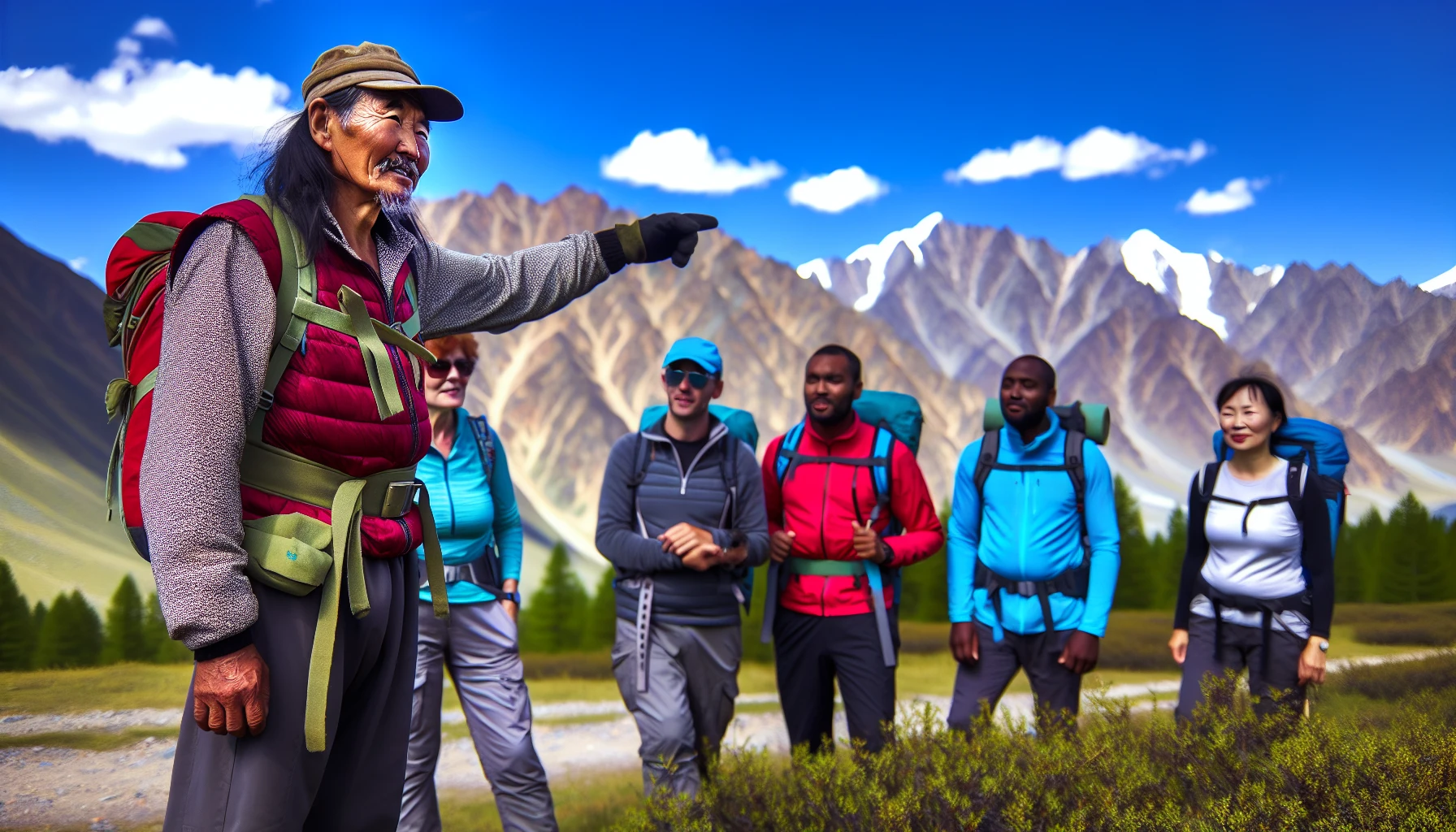 Mongolian guide leading a trekking group