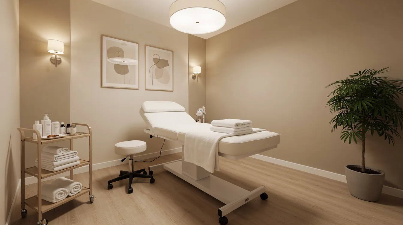 The image depicts a serene private treatment room designed for skin rejuvenation, featuring a comfortable facial bed and soft, calming lighting. This premier medical spa in Philadelphia offers personalized care and advanced treatments to enhance natural beauty and achieve aesthetic goals.