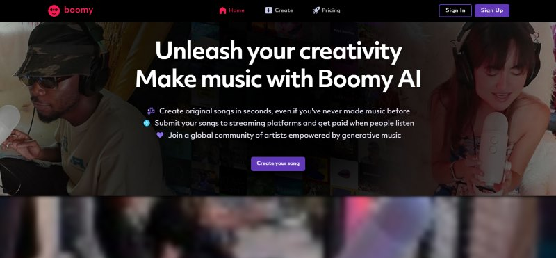 Screenshot of boomy homepage