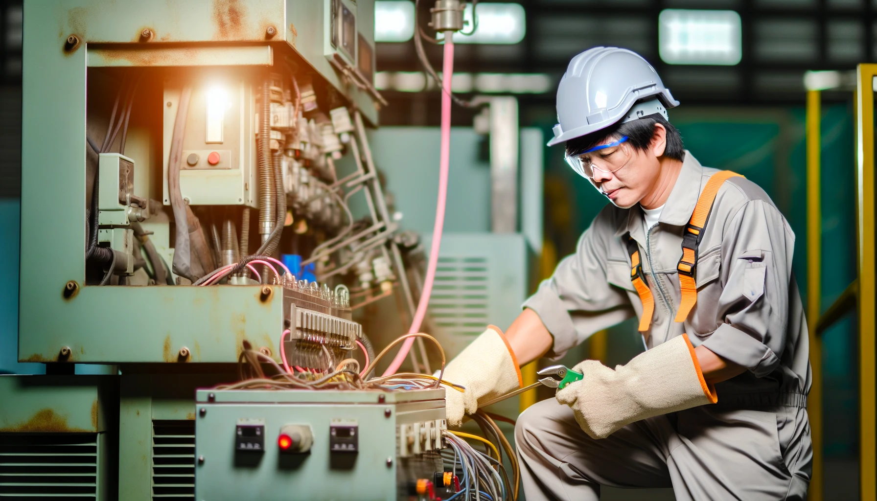 Industrial electrician repairing industrial electrical equipment