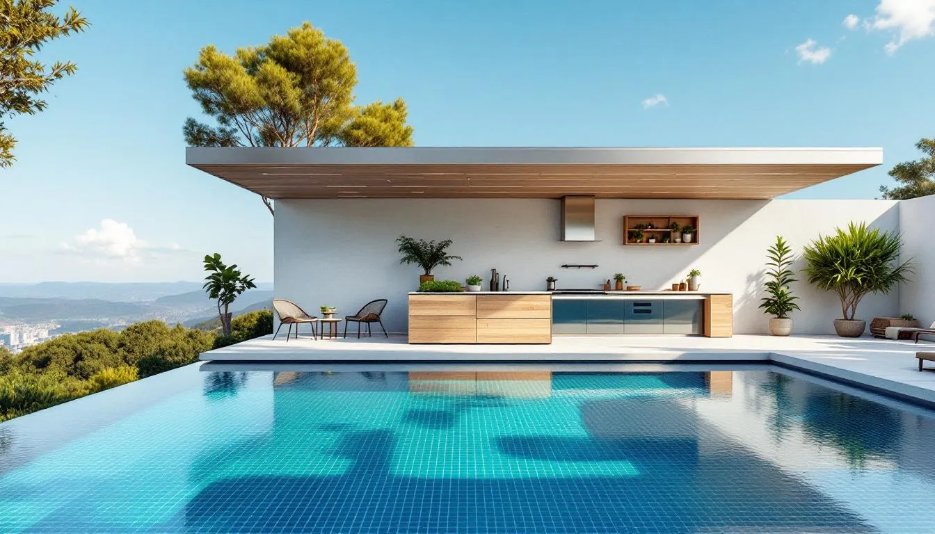 Innovative eco-friendly pool and kitchen features.