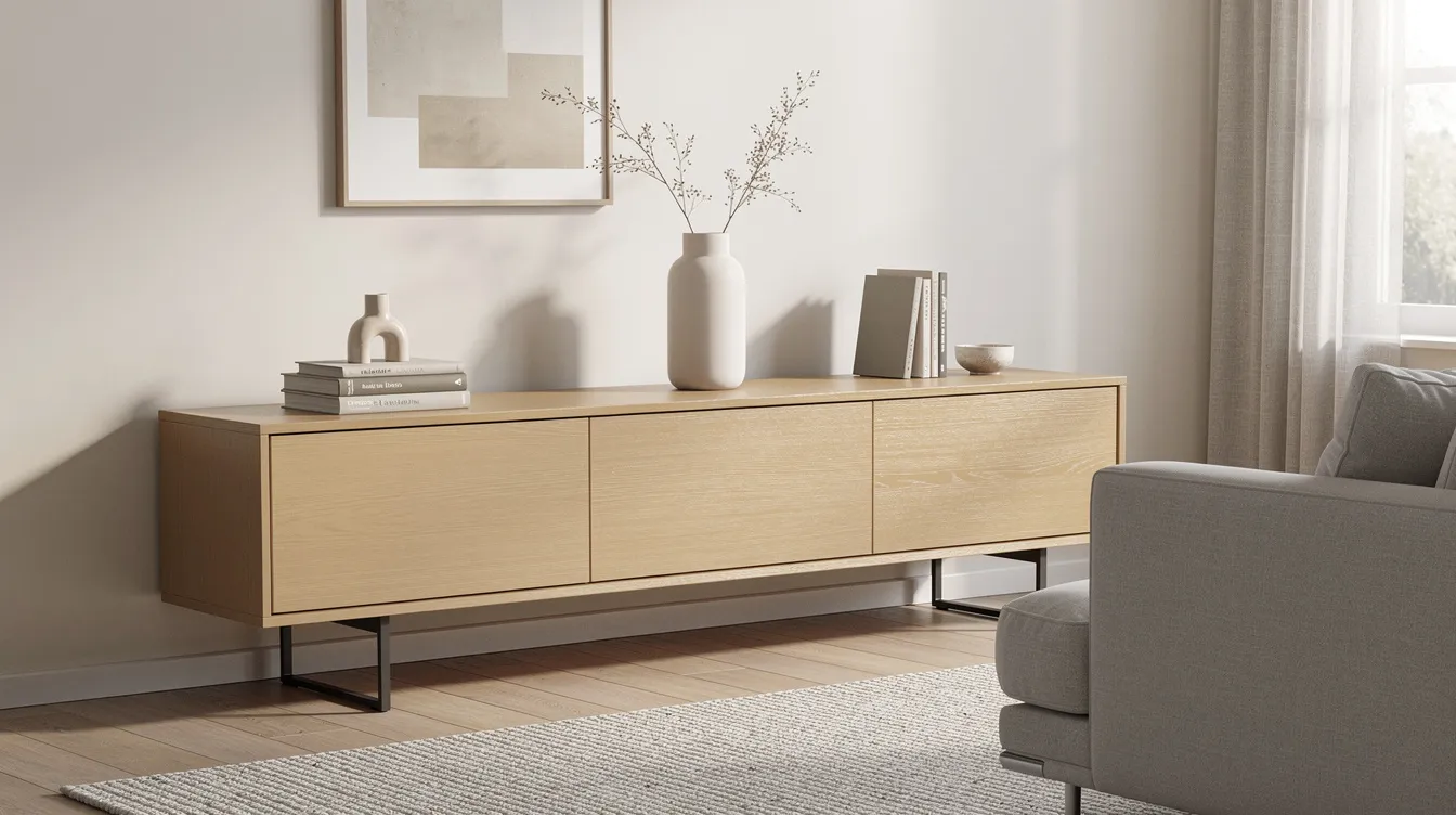 En modern, smal sideboard står i ett vardagsrum, prydd med dekorativa föremål som böcker och en keramisk vas. Den stilrena designen i trä och metall skapar en praktisk förvaringslösning som passar perfekt in i hemmet.