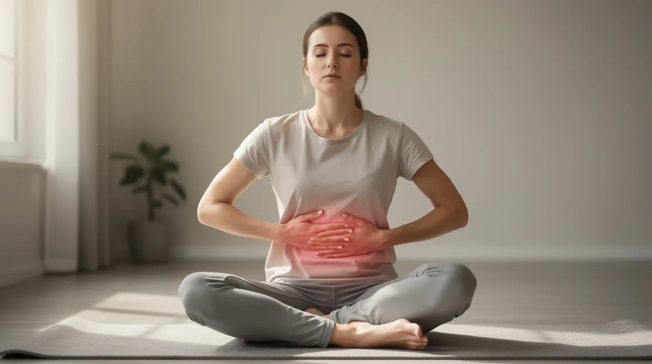 A person is practicing deep breathing in a relaxed position, with their hands gently placed on their abdomen, promoting a calming state that can help alleviate stress and improve sleep quality. This technique can be beneficial for those experiencing difficulty falling asleep or managing racing thoughts before bedtime.