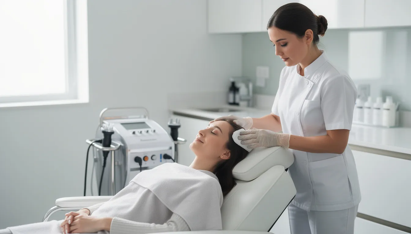 Na zdjęciu widoczna jest osoba relaksująca się podczas profesjonalnego zabiegu oczyszczania skóry głowy w nowoczesnej klinice. W tle można dostrzec sprzęt trychologiczny oraz przyjemne, stonowane wnętrze, które sprzyja odprężeniu i poprawie stanu skóry głowy.