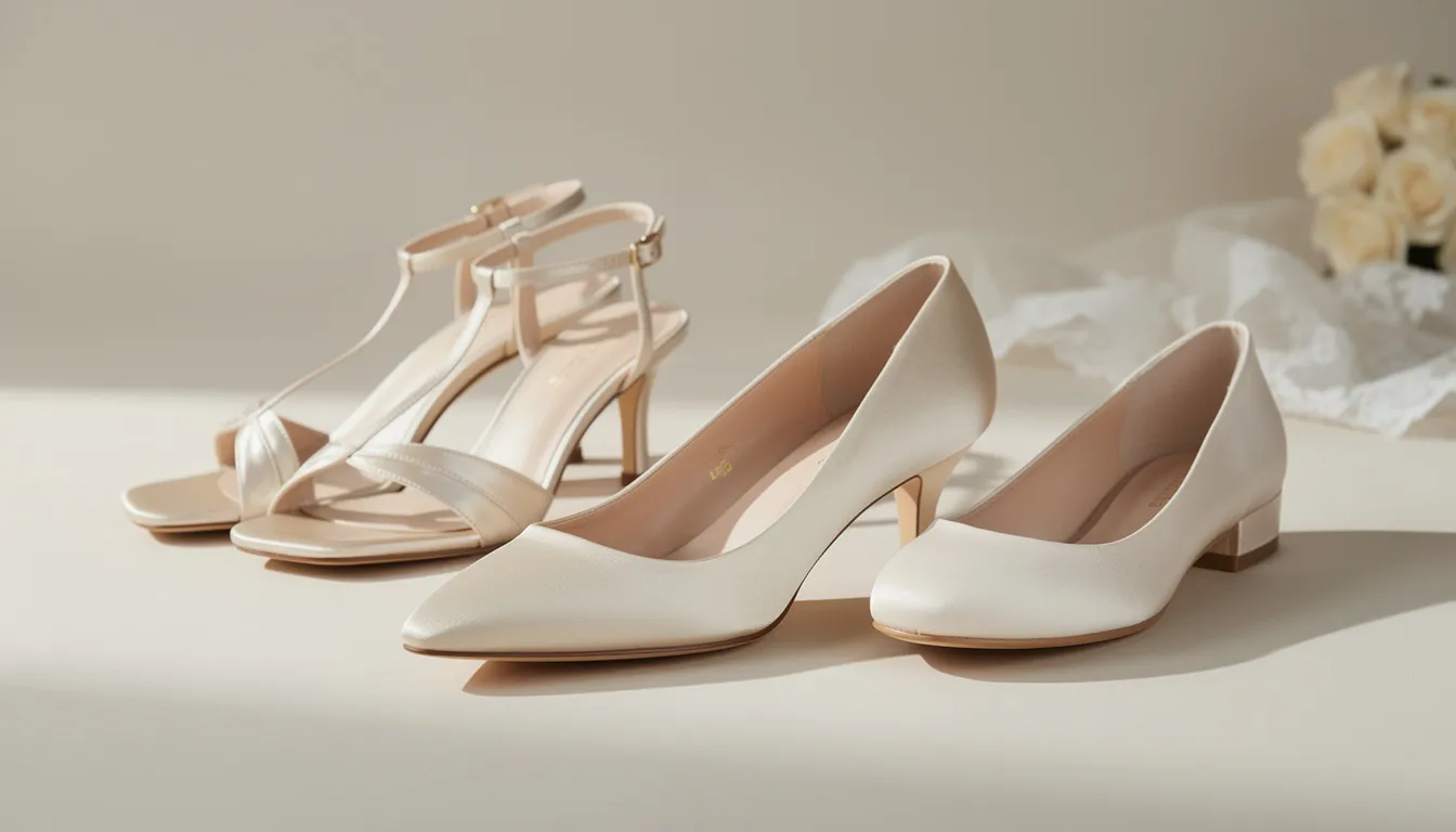 Buty ślubne taneczne – jak wybrać wygodne obuwie na całą noc tańca? 13 Na zdjęciu przedstawione są różne fasony eleganckich butów ślubnych, w tym czółenka, sandałki i baleriny w kolorze ecru. Każdy model łączy elegancję z wygodą, co sprawia, że są to idealne buty taneczne dla panny młodej, które zapewnią komfort podczas całej nocy weselnej.