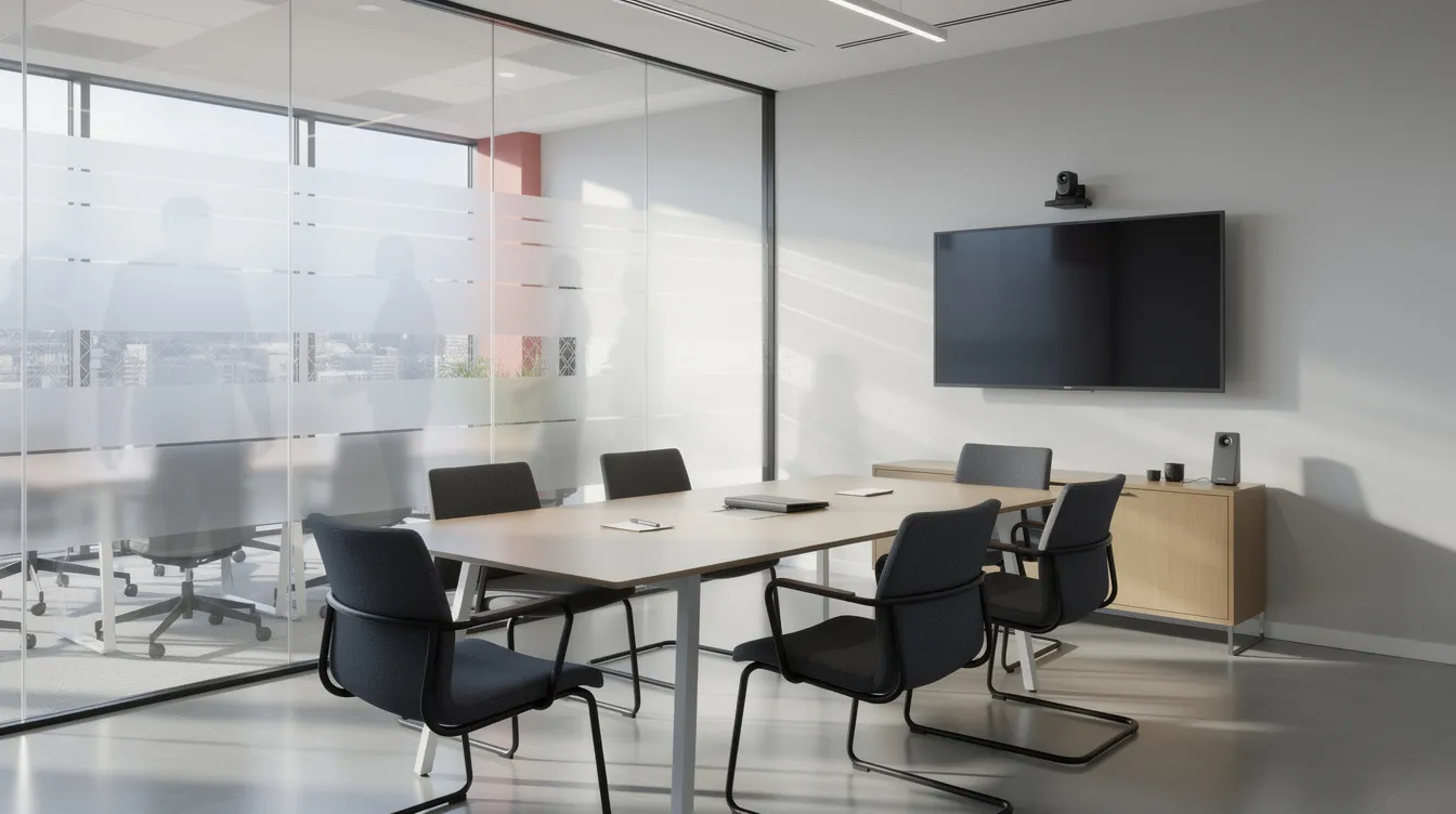 The image depicts a modern conference room with frosted glass walls that enhance privacy while maintaining a sleek and professional atmosphere. This space is ideal for discussions about franchise opportunities, showcasing a proven business model that supports multiple revenue streams and offers comprehensive training for potential franchise owners.