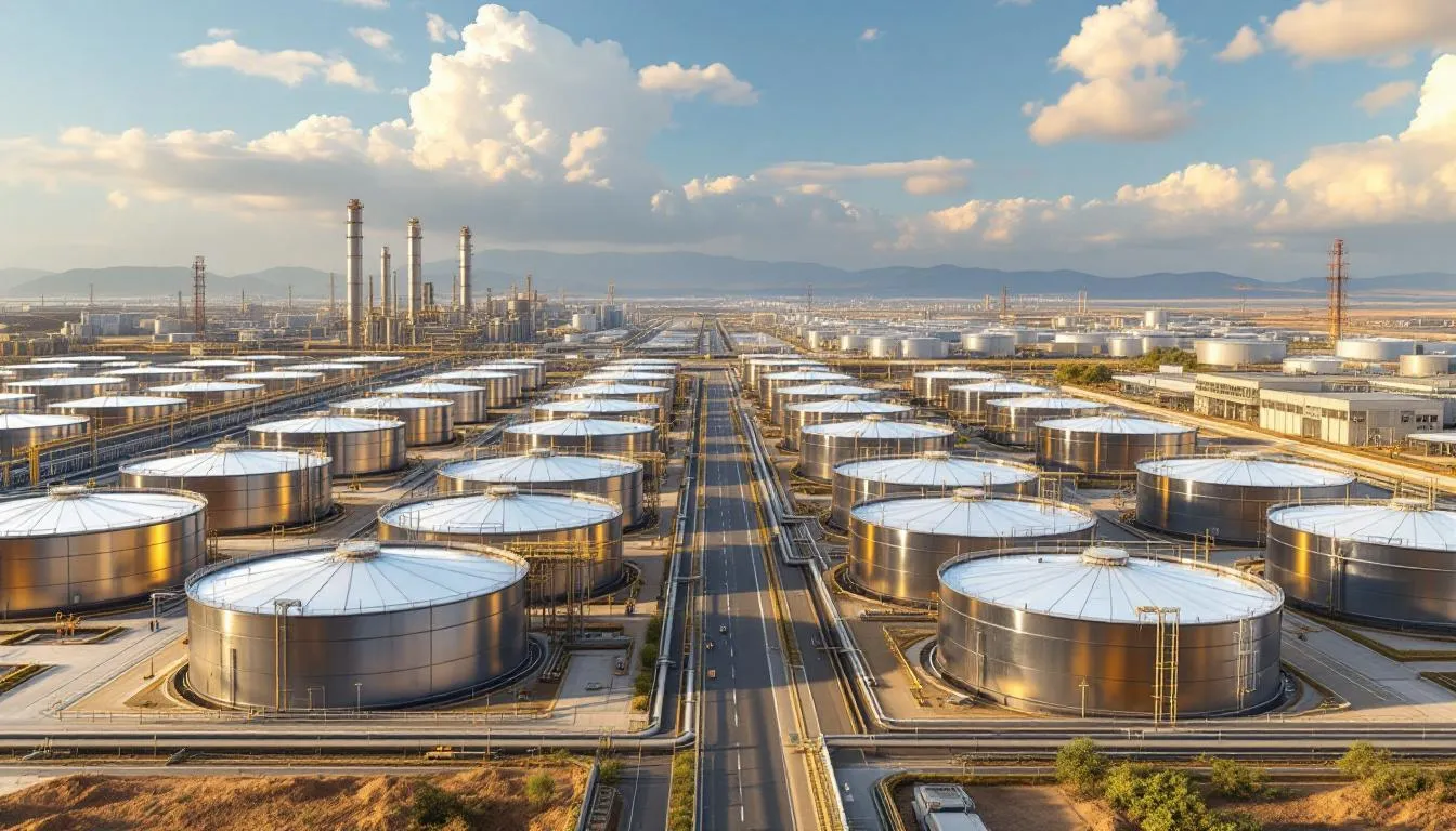 The image depicts a large oil reserve facility in China, showcasing massive storage tanks filled with crude oil. This infrastructure is crucial for managing supply and demand in the global markets, particularly as oil prices fluctuate and countries like China and India navigate rising energy needs.