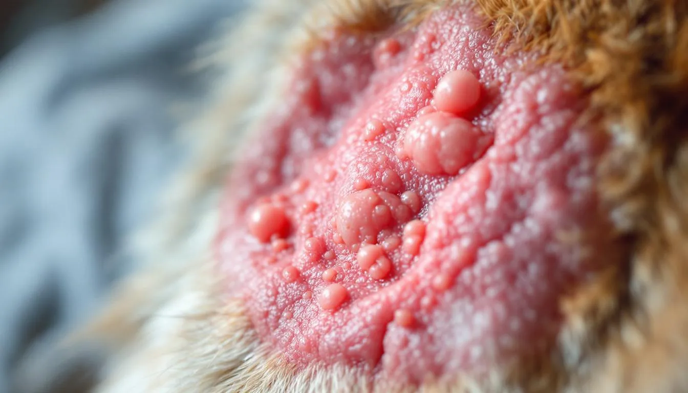 A close-up image of a dog's inflamed skin reveals areas of redness and irritation, indicating possible skin problems such as skin infections or allergic reactions. The skin appears flaky and scaly, suggesting the presence of skin lesions and potential issues like intense itching or hair loss.