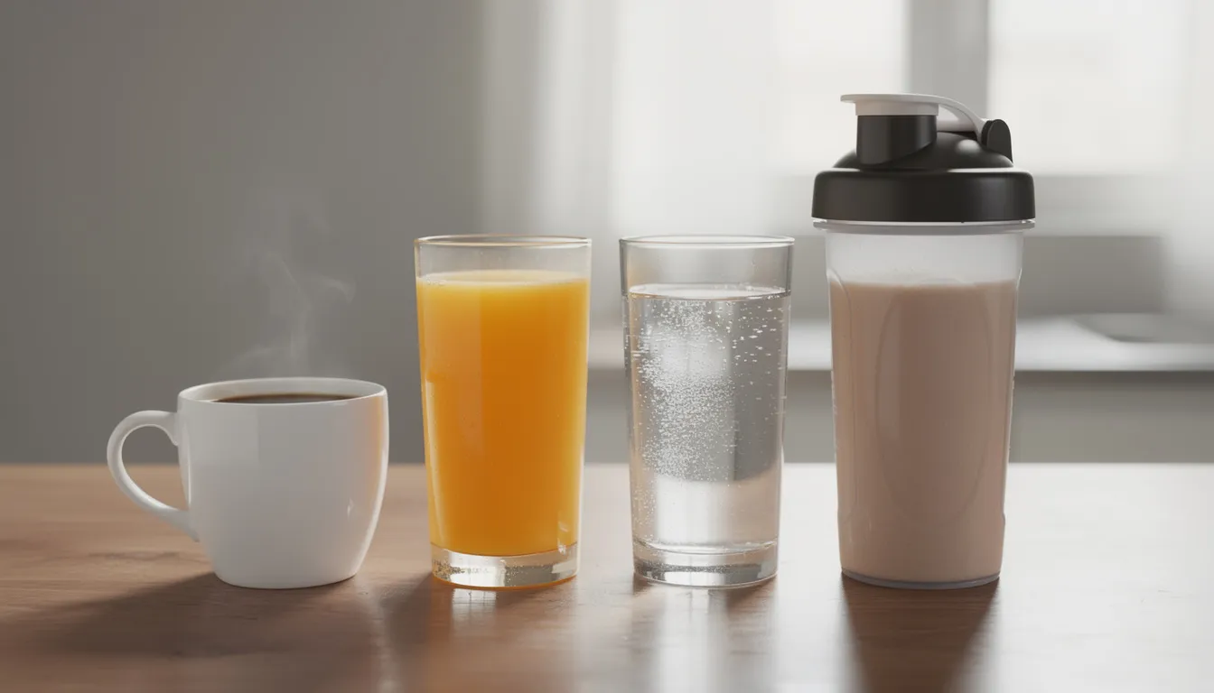 The image features a lineup of various beverages, including a steaming cup of coffee, a glass of orange juice, a clear bottle of water, and a protein shake, showcasing a range of options for hydration and nutrition. This assortment highlights choices for fitness enthusiasts, including the potential benefits of mixing creatine with coffee for improved exercise performance.