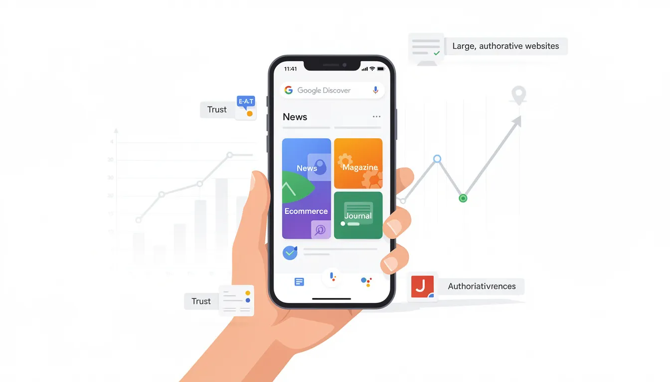 An illustration depicting the Google Discover feed on an Android phone, showcasing a variety of articles and videos from authoritative news sites and specialized journals, emphasizing the importance of expertise and trustworthiness in content optimization. The screen features a search bar at the top, large images, and a personalized feed tailored to user interests.