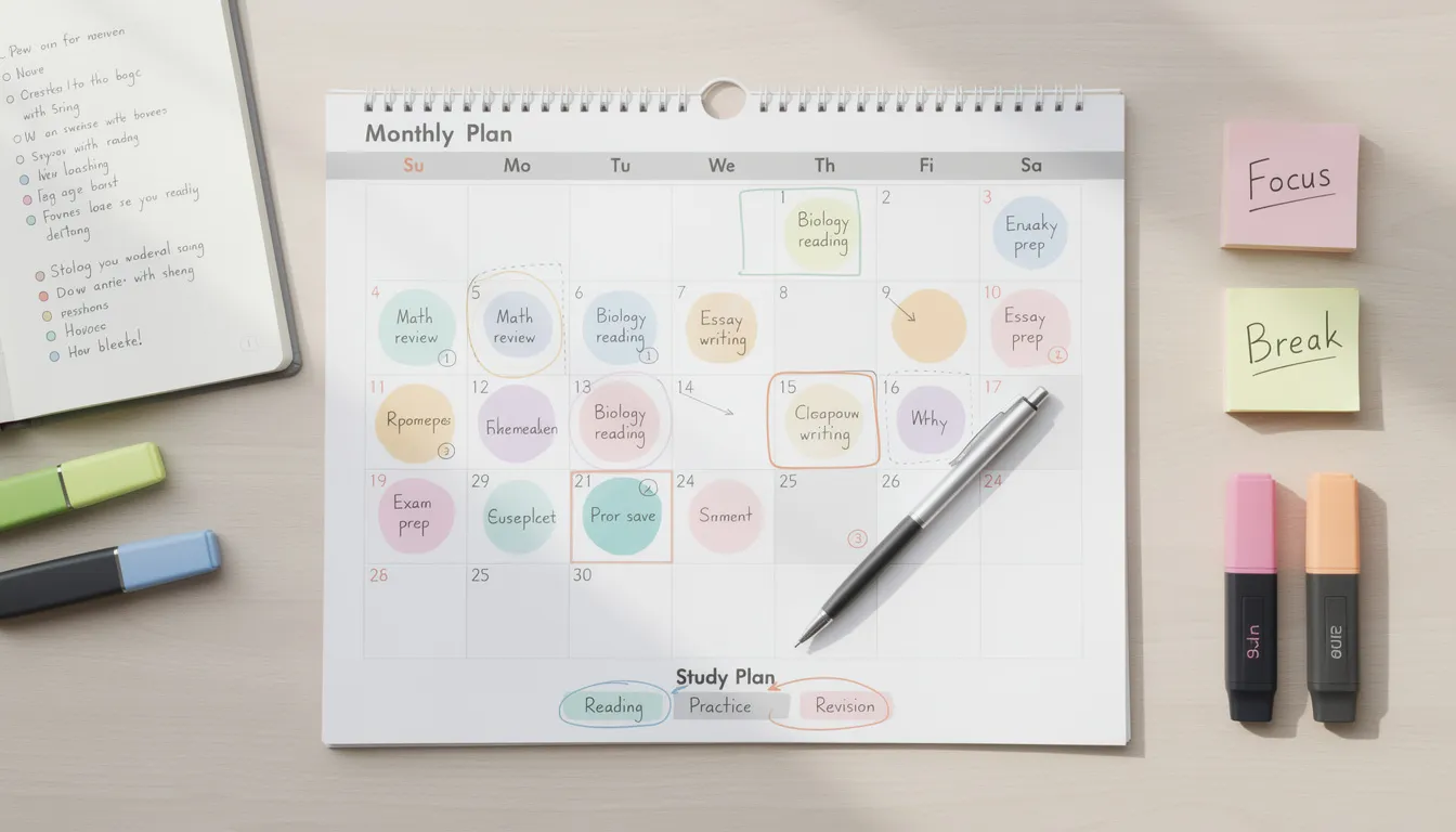 The image depicts a calendar with several dates highlighted, indicating a study schedule for preparing for the Australian citizenship test. Each marked date suggests a specific topic or practice test related to Australian values, history, and the legal framework essential for citizenship.