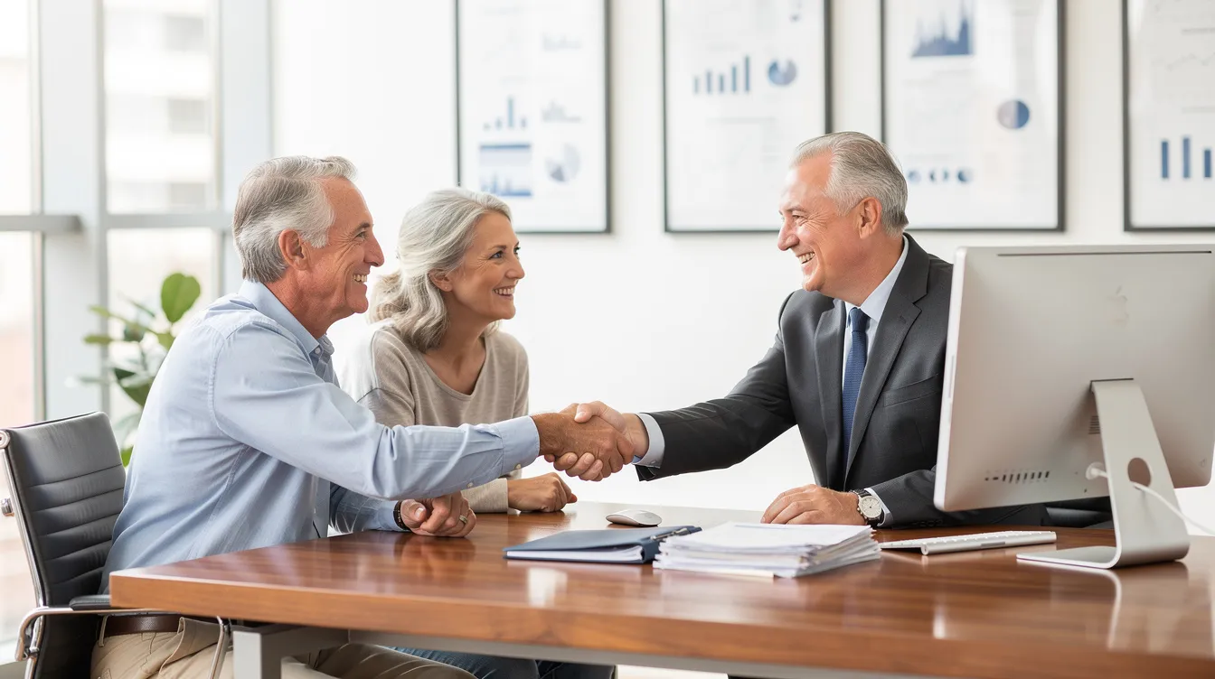 A friendly financial advisor is sitting across a desk from an elderly couple, shaking hands in a bright and clean office, symbolizing trust and partnership in financial planning. The image conveys a sense of security and professionalism, essential in preventing scams and ensuring clients feel safe with their financial decisions.