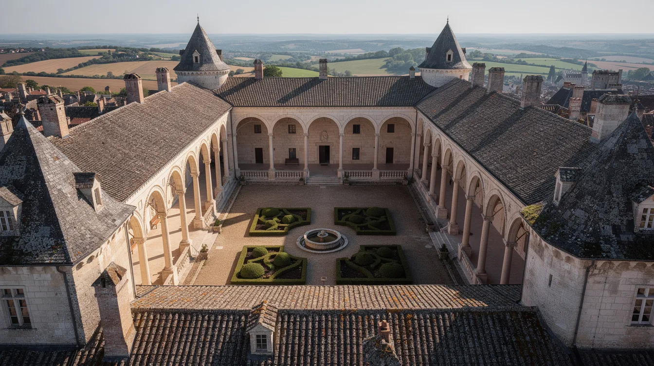 Vista aérea do pátio renascentista do castelo real de Wawel, com suas arcadas elegantes e cercado por belos jardins, destacando a arquitetura histórica da Polônia. O castelo, localizado na colina de Wawel, é um importante símbolo da cidade de Cracóvia e do patrimônio cultural europeu.