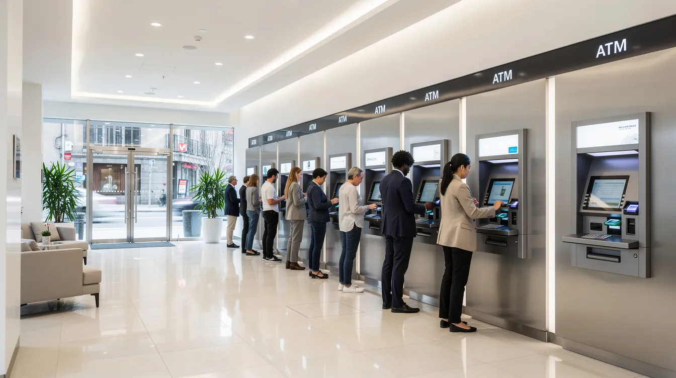 The image shows a row of ATM machines in a brightly lit bank lobby, where several customers are using them to access their bank accounts and manage their finances. This scene highlights the convenience of digital banking services offered by leading banks in Pakistan, allowing users to perform transactions like paying bills or sending money with just a few taps.