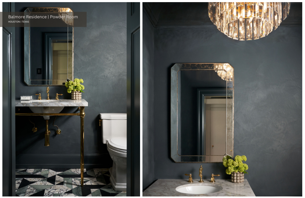 a textured plaster, dark blue powder room with vintage fixtures