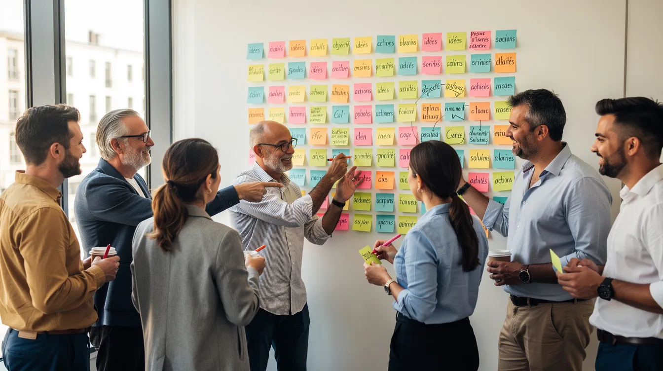 L'image montre un groupe de collègues engagés dans un atelier collaboratif, entourés de post-it colorés collés sur un mur. Cette scène illustre l'importance de la gestion d'équipe et du travail en équipe pour améliorer la performance et la cohésion au sein de l'entreprise.