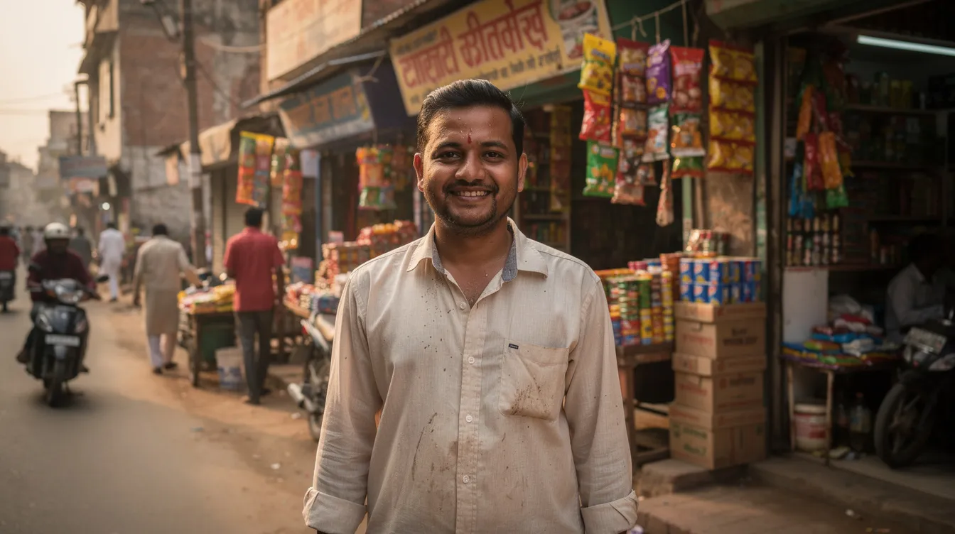 a2b3aeb9 607b 476b b2ac 4ea469cec41e A small business owner stands proudly outside their retail shop in a bustling Indian market, showcasing their entrepreneurial spirit. This scene represents the essence of small businesses in India, where entrepreneurs often seek financial assistance through mudra loans and other funding options to grow their ventures.