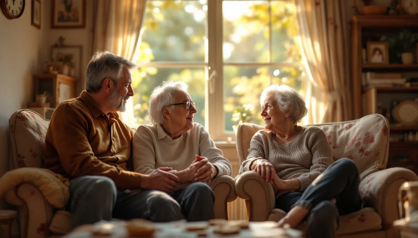 A family discussing care options for a loved one with Alzheimer's disease.