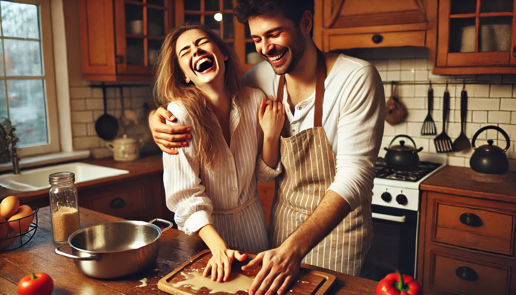 A couple experiencing a playful cooking mishap