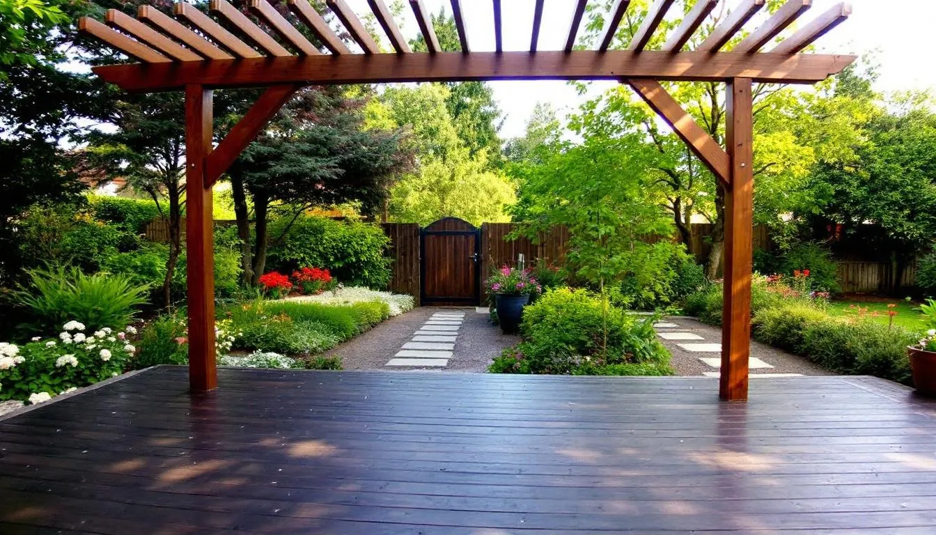 Une terrasse en bois élégante, ornée d'une pergola, s'intègre harmonieusement dans un jardin paysager, offrant un espace de détente extérieur. Ce type de construction, souvent réalisé par des charpentiers professionnels, met en valeur le savoir-faire en charpente et aménagements extérieurs.
