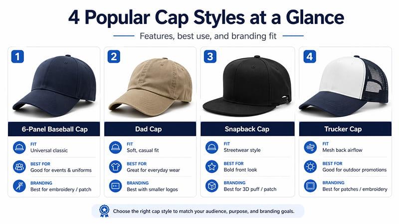 popular cap styles infographic showing 6 panel baseball cap dad cap snapback cap and trucker cap with fit and branding notes