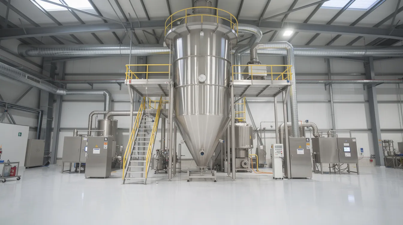 The image depicts an industrial spray drying tower within a milk powder manufacturing plant, showcasing the essential equipment used in the milk powder production process. This facility is crucial for transforming liquid milk into various powdered dairy products, including skimmed and whole milk powder, while emphasizing the importance of quality control and efficient plant operations in the milk powder industry.