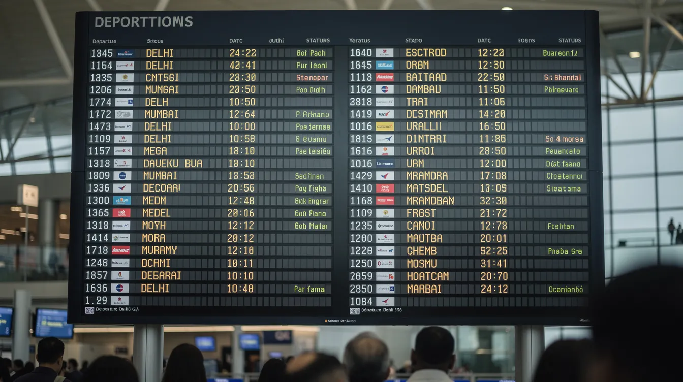 The image displays a busy airport departure board filled with various flight destinations, prominently featuring Delhi and Mumbai. Travelers may need to check their immigration status and ensure they have a valid passport and any necessary visa documents before their journey.