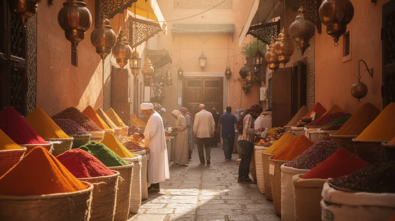 The image depicts a bustling Moroccan market filled with vibrant, cone-shaped piles of colorful spices, while brass lanterns hang overhead. Shoppers navigate through the narrow alleys, showcasing the lively atmosphere of Moroccan life in a country where the main religion is Islam.