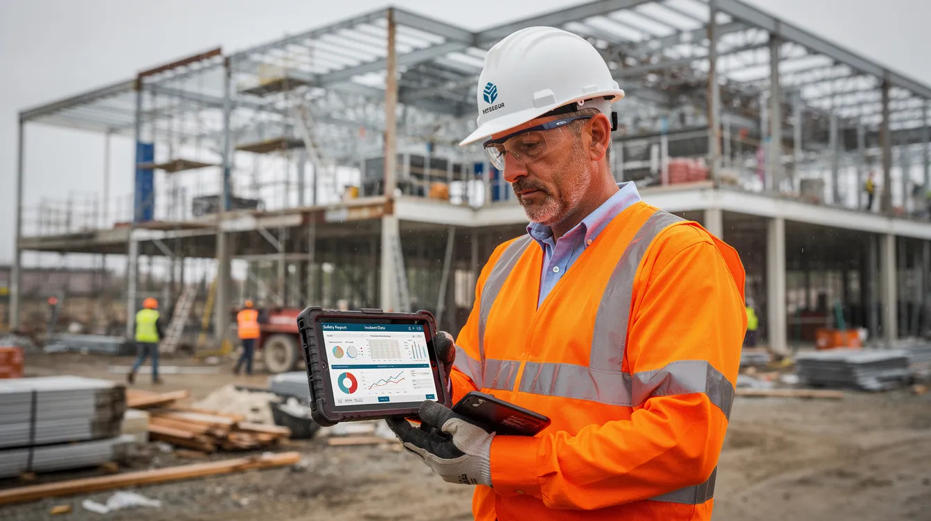 A construction foreman is standing on a commercial jobsite, reviewing safety data on a tablet device, with steel framing visible in the background. The scene emphasizes the importance of strong safety culture and safety practices in the construction industry, highlighting the use of digital tools for safety management and ensuring compliance with safety protocols.