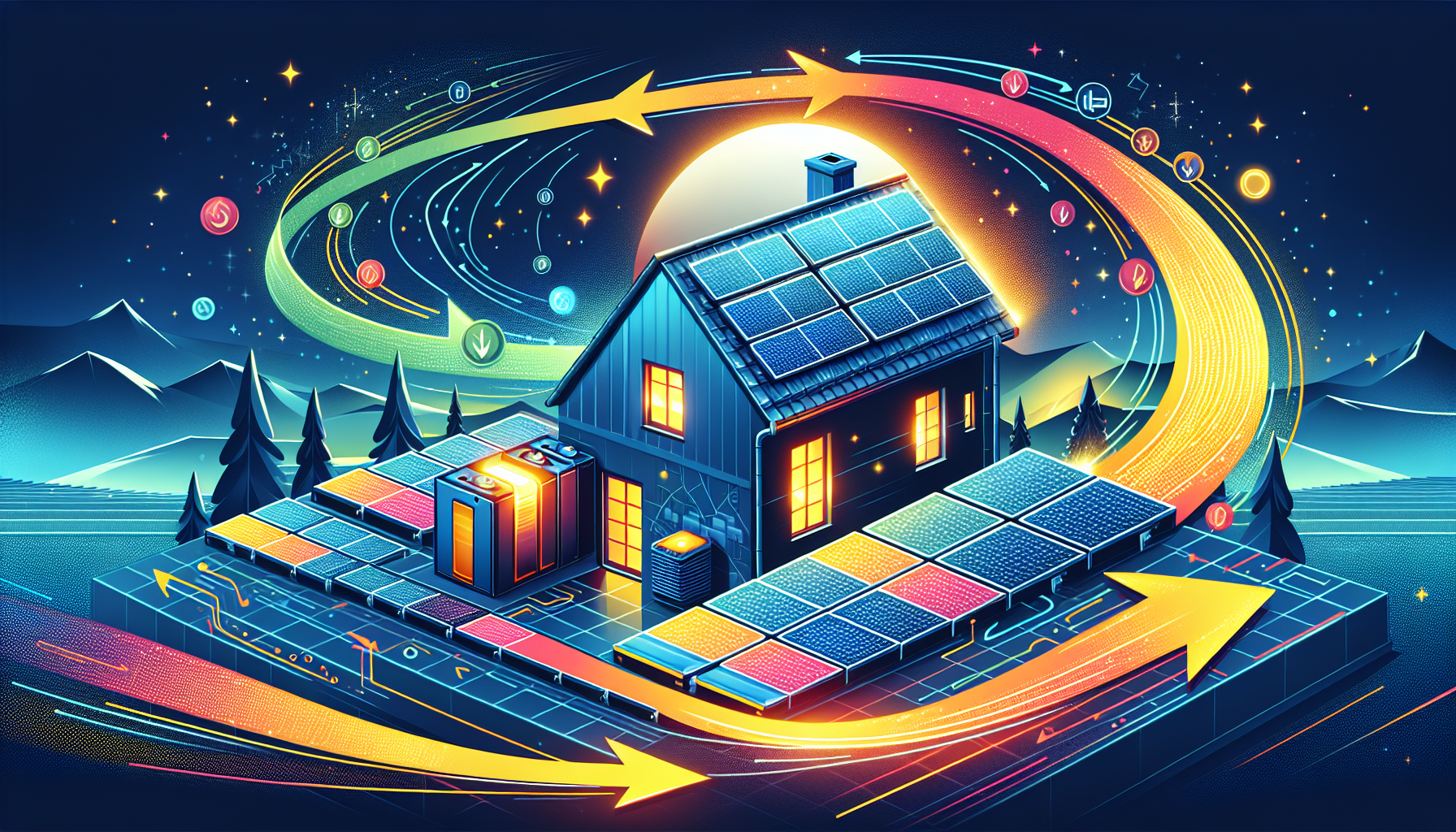 An illustration showing how solar panels work during a power outage.