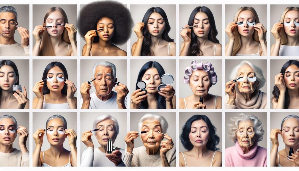 a collage featuring diverse age groups applying various eyelash care products, depicting stages of life from youth to old age in a clean, minimalist aesthetic.