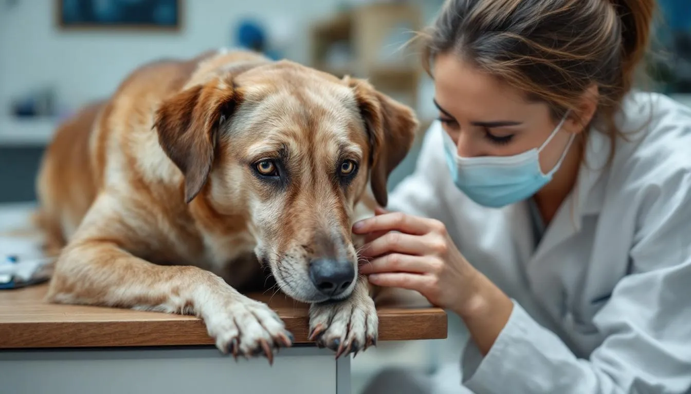 A concerned pet parent is examining their dog, which shows signs of dehydration, such as sticky gums and weakness, likely due to diarrhea in dogs. The image captures the bond between the owner and their canine companion as they assess the dog