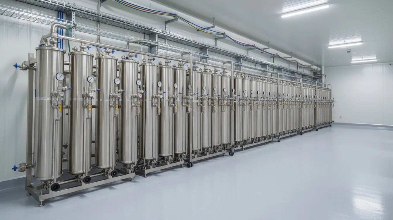 The image depicts industrial membrane filtration modules neatly arranged in parallel rows within a clean processing room, essential for the whey protein manufacturing process. This advanced technology is crucial for producing high-quality whey protein concentrate and isolate, ensuring optimal nutritional value in the final product.
