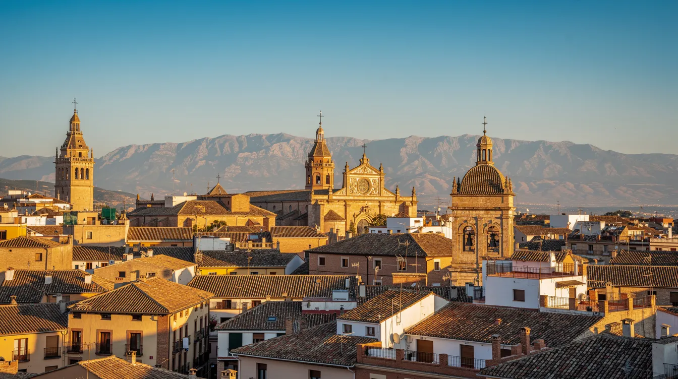 A panoramic view of a vibrant Spanish city showcases terracotta rooftops and elegant church steeples against a backdrop of distant mountains under a clear blue sky, reflecting the rich culture and relaxed lifestyle of living in Spain. This picturesque scene highlights the charm of Spanish cities, often characterized by their unique architecture and Mediterranean climate.