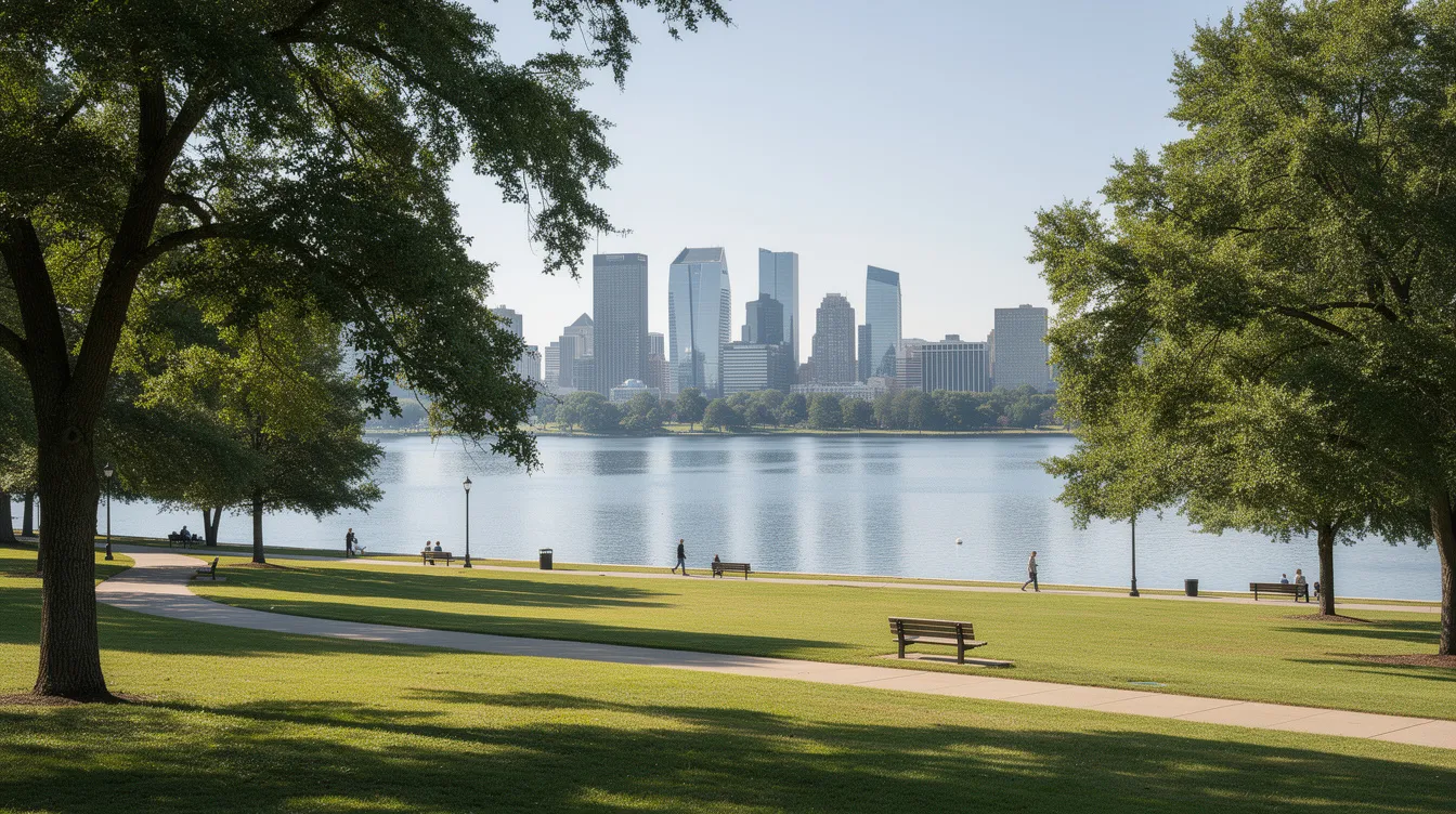 The image depicts a vibrant waterfront park featuring lush green spaces and trees, with a stunning city skyline visible across Lake Ontario. This serene setting reflects Toronto's commitment to preserving public spaces amidst discussions surrounding the Billy Bishop Airport and its impact on the city's waterfront.