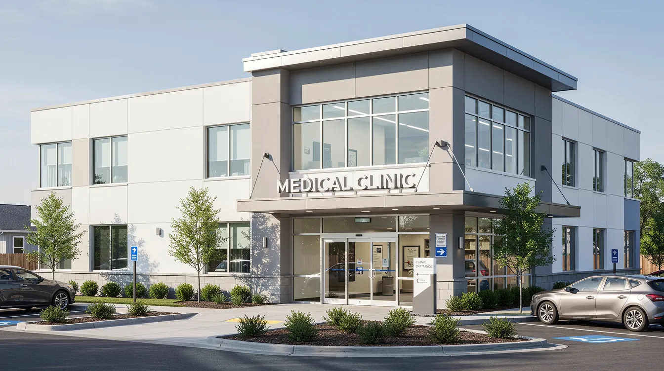 The image depicts the exterior of a professional medical clinic, featuring clear and informative signage that highlights the dermatology services offered. This strong online presence is essential for attracting potential patients through effective local SEO strategies and improving search engine rankings.
