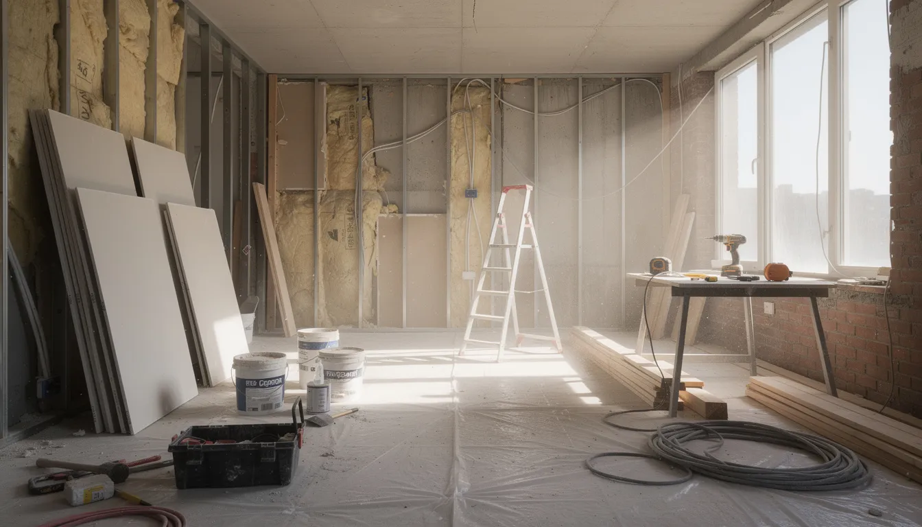 The image depicts an apartment interior undergoing renovation, showcasing exposed walls and scattered construction materials, highlighting the essential steps in the property flipping process. This scene reflects the current market trends in the real estate market, emphasizing the investment and financial risks involved in purchasing real estate.