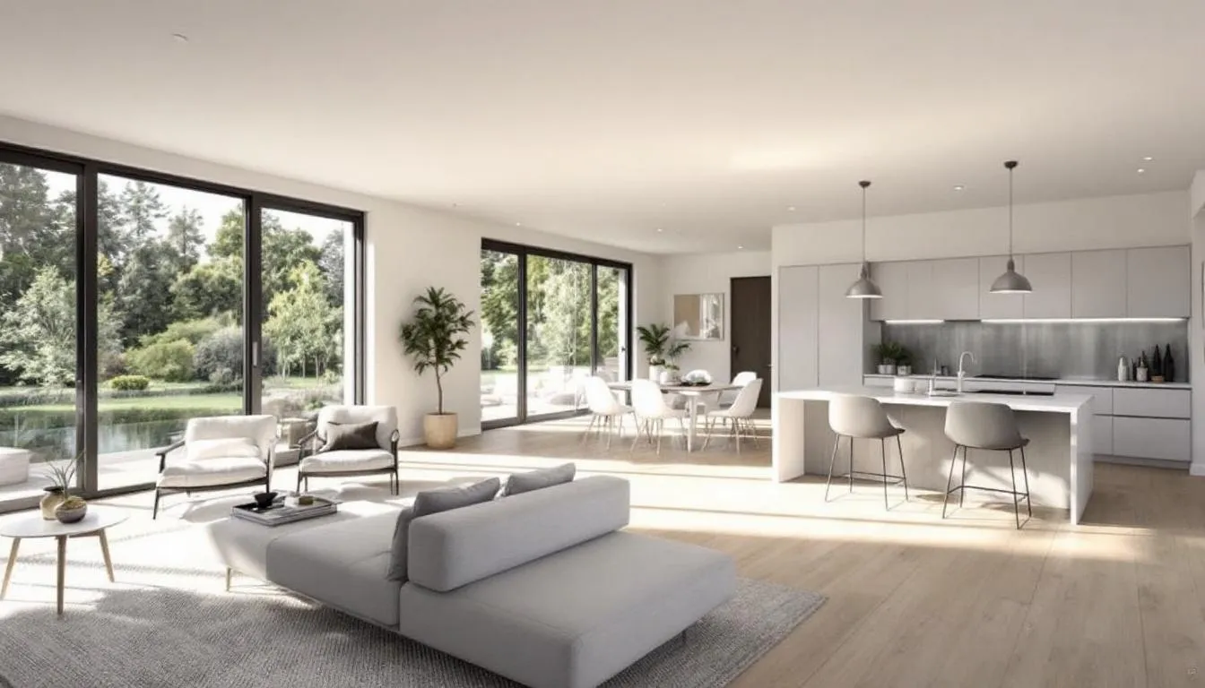 The image depicts the interior of a bright and spacious Meadowbrook home, showcasing an open floor plan filled with natural light. This modern single-family home is located in the desirable Meadowbrook community, perfect for those seeking comfortable living in Estero, Florida.