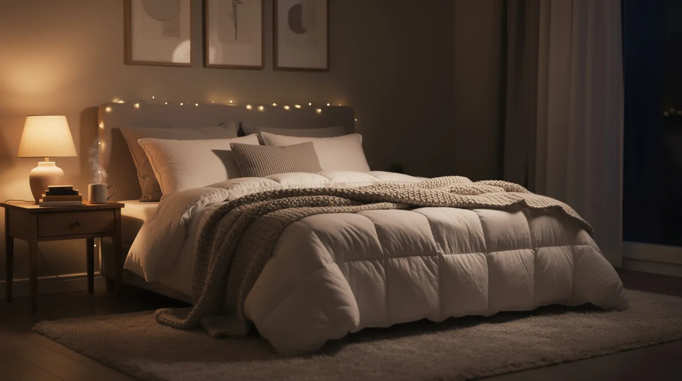 The image depicts a cozy bedroom illuminated by soft, warm lighting, featuring a comfortable bed adorned with inviting bedding, creating an ideal environment for quality sleep. This serene setting promotes healthy sleep habits and encourages a good night&rsquo;s sleep, essential for optimal sleep and mental health.
