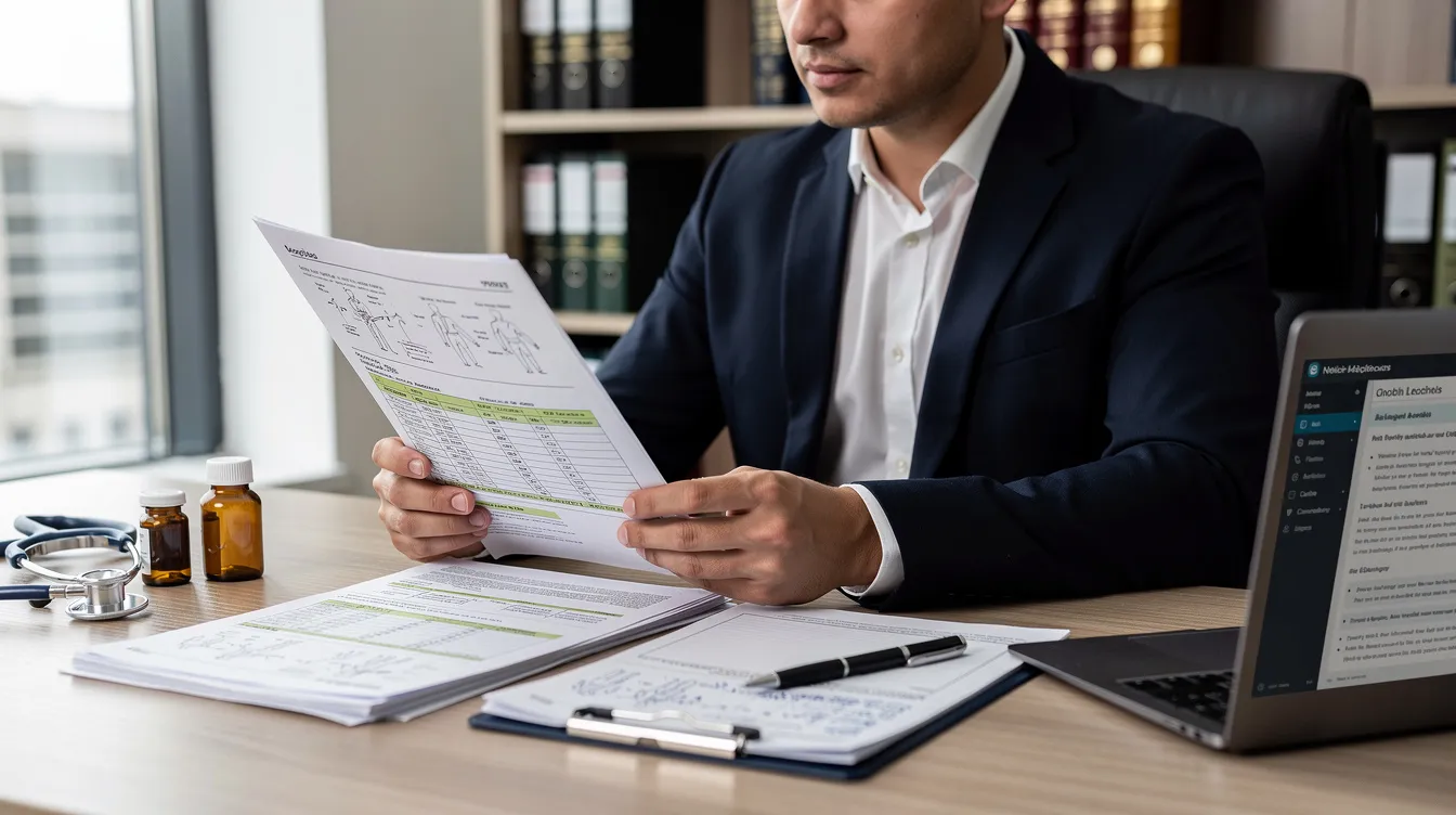 A focused attorney is seated at a desk, meticulously reviewing medical documents related to a potential medical malpractice lawsuit, highlighting their commitment to understanding the details of medical negligence cases. The scene emphasizes the importance of legal representation in navigating complex medical errors and pursuing compensation for victims of medical malpractice.