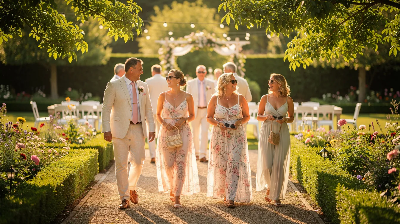 A group of guests in stylish summer wedding attire strolls along a sunlit garden path, showcasing a variety of elegant outfits in soft pastels and lightweight fabrics, perfect for a casual summer wedding. The scene captures the cheerful atmosphere of the event, with guests wearing chic dresses and comfortable shoes, ready to celebrate the special occasion.