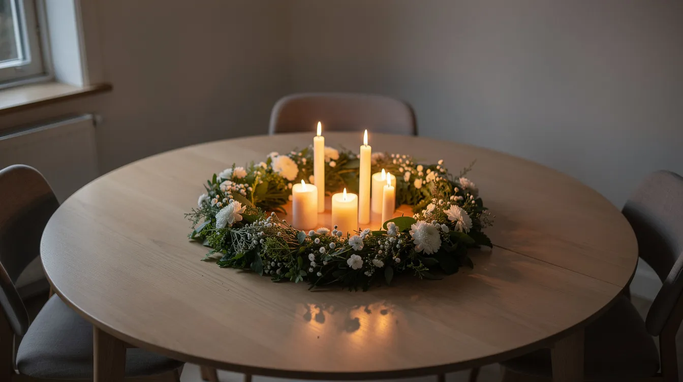 Ett runt matbord är vackert dekorerat med en cirkulär dekoration och levande ljus, vilket skapar en mysig atmosfär i hemmet. Dekorationerna på bordet inkluderar en elegant vas och olika detaljer som ger inspiration till att dekorera matplatsen.